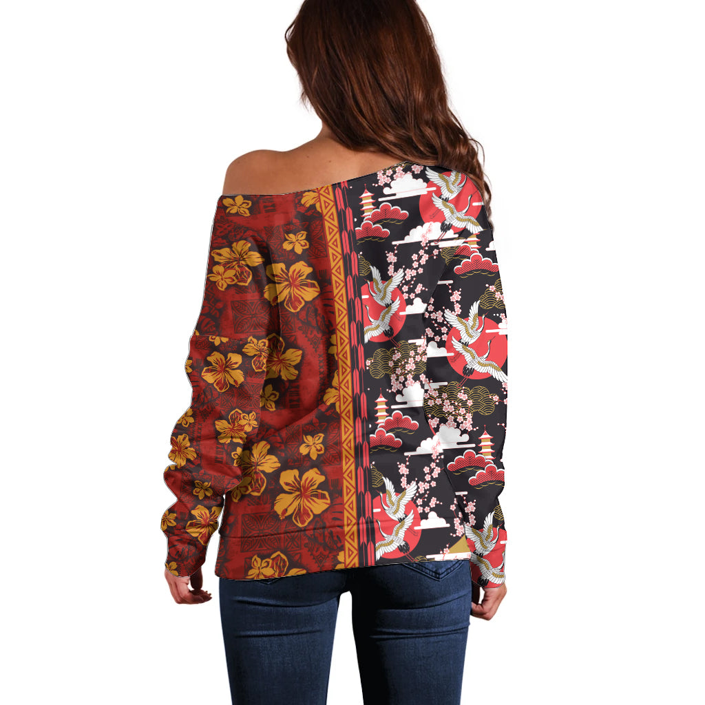 Pan-Pacific Festival Off Shoulder Sweater Hawaiian Tribal and Japanese Pattern Together Culture