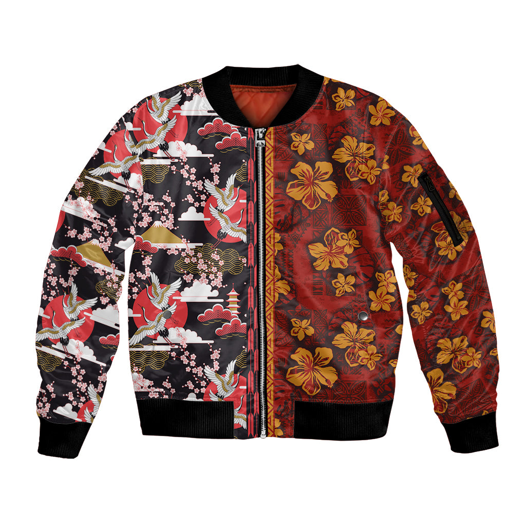 Pan-Pacific Festival Sleeve Zip Bomber Jacket Hawaiian Tribal and Japanese Pattern Together Culture