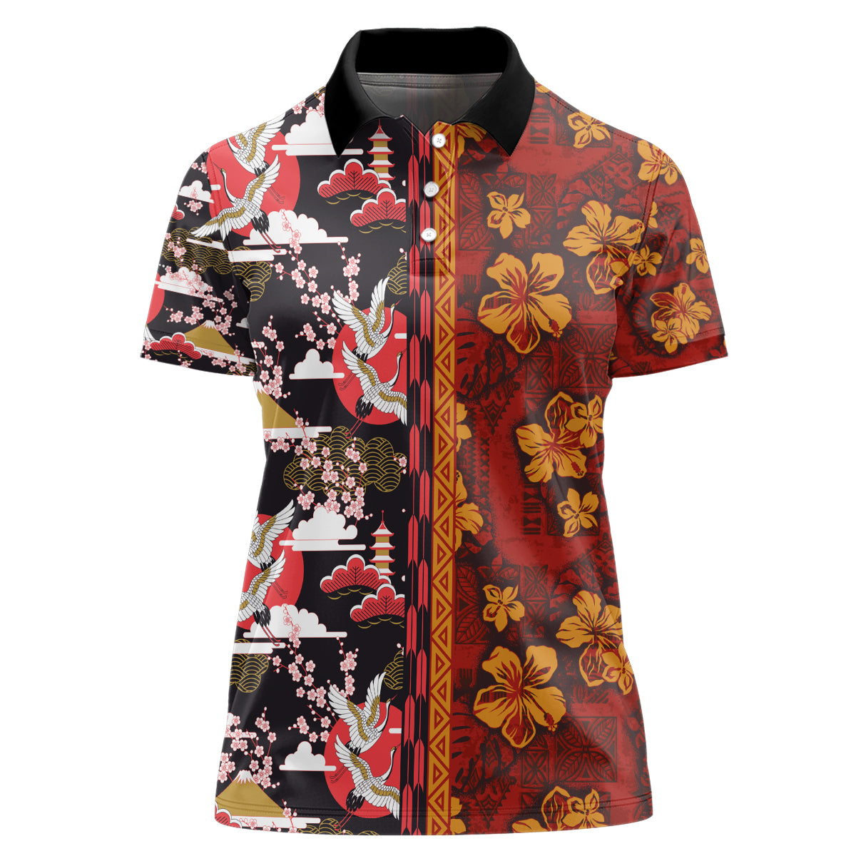 Pan-Pacific Festival Women Polo Shirt Hawaiian Tribal and Japanese Pattern Together Culture