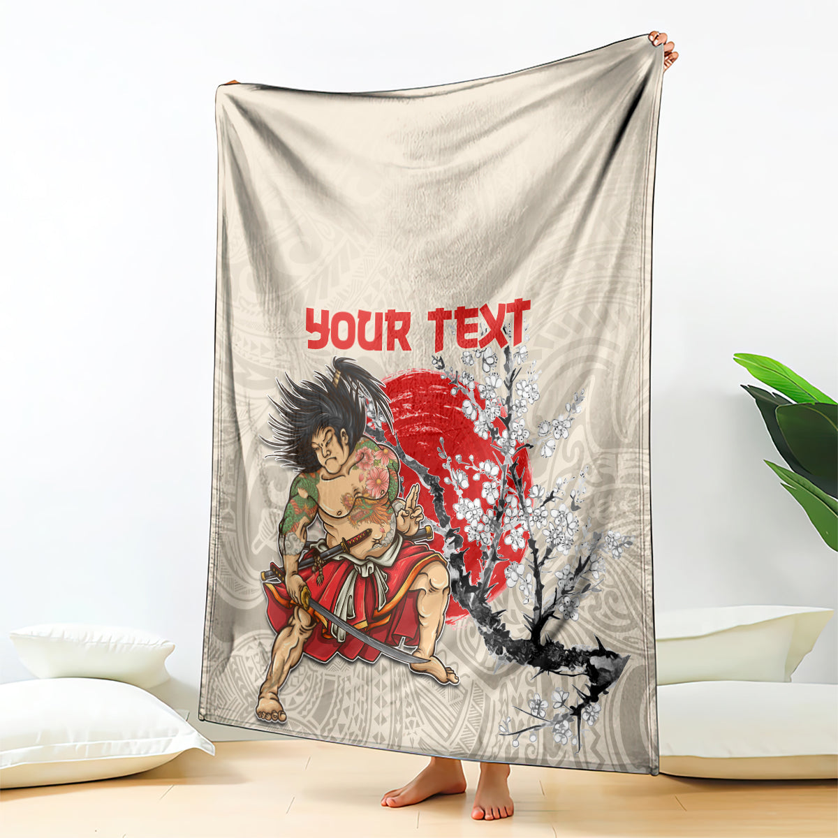 Personalised Pan-Pacific Festival Blanket Japanese Samurai with Hawaiian Pattern