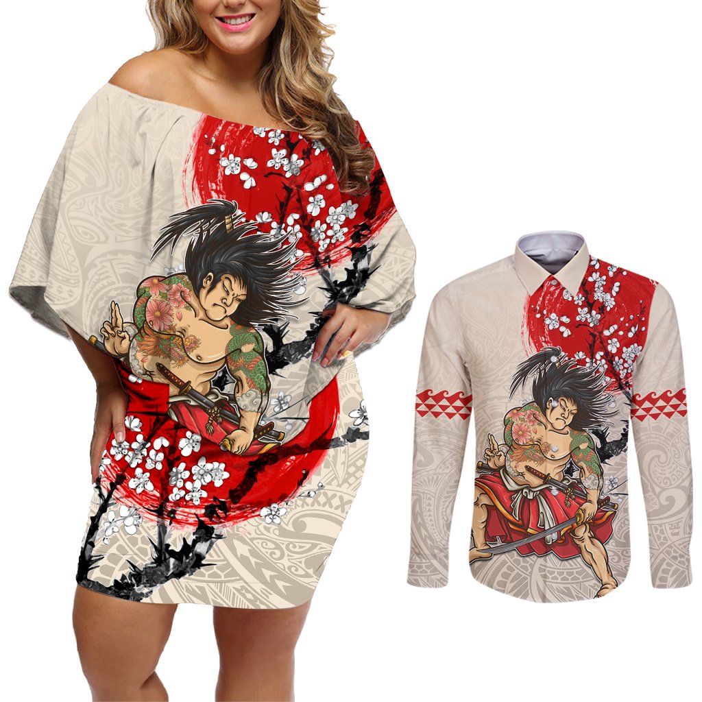 Personalised Japanese Culture Hawaii Style Couples Matching Off Shoulder Short Dress and Long Sleeve Button Shirt Japanese Samurai with Hawaiian Pattern LT03 Beige - Polynesian Pride