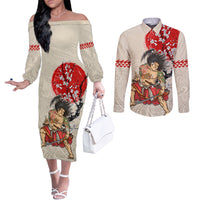 Personalised Japanese Culture Hawaii Style Couples Matching Off The Shoulder Long Sleeve Dress and Long Sleeve Button Shirt Japanese Samurai with Hawaiian Pattern LT03 Beige - Polynesian Pride