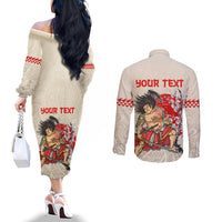 Personalised Japanese Culture Hawaii Style Couples Matching Off The Shoulder Long Sleeve Dress and Long Sleeve Button Shirt Japanese Samurai with Hawaiian Pattern LT03 - Polynesian Pride
