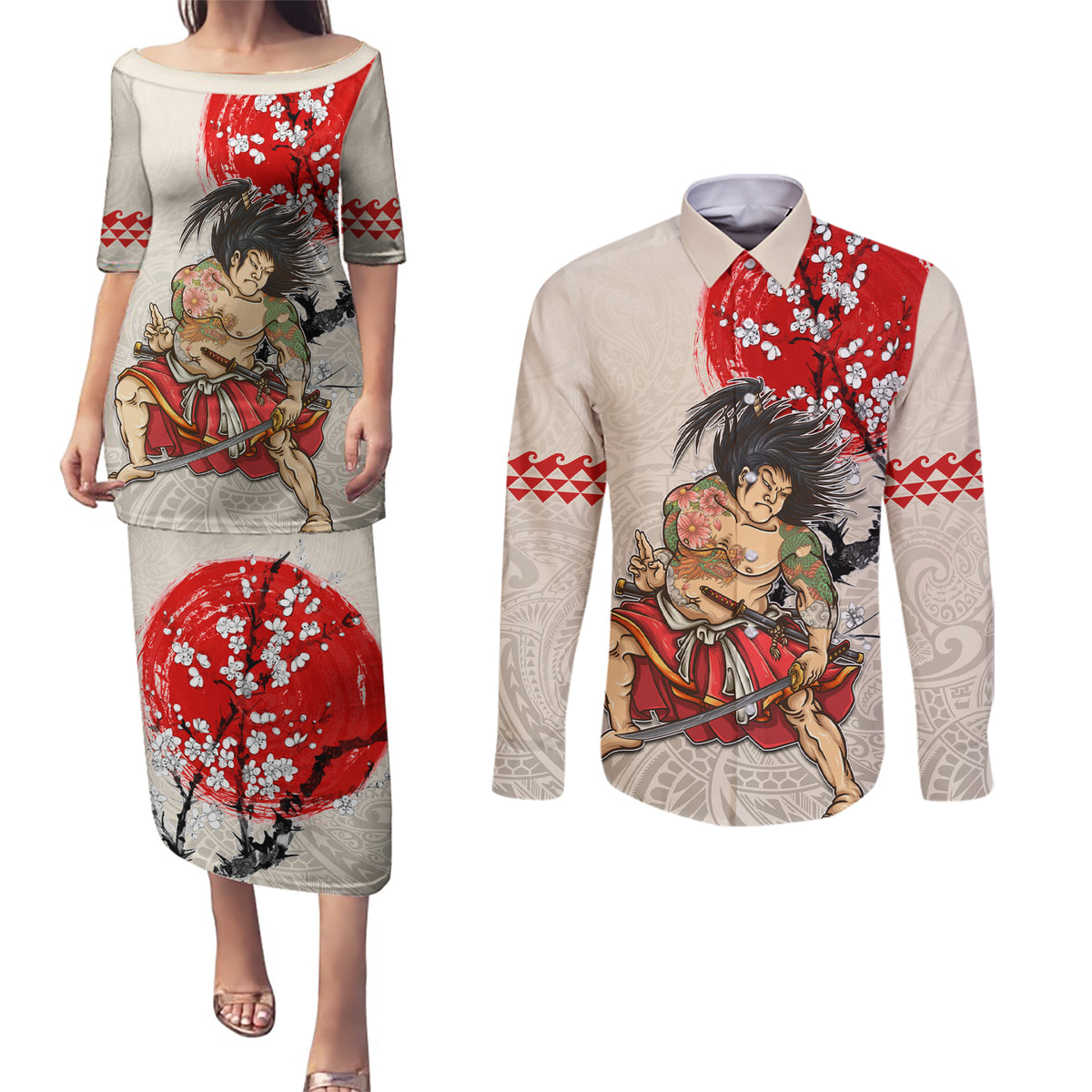 Personalised Pan-Pacific Festival Couples Matching Puletasi and Long Sleeve Button Shirt Japanese Samurai with Hawaiian Pattern
