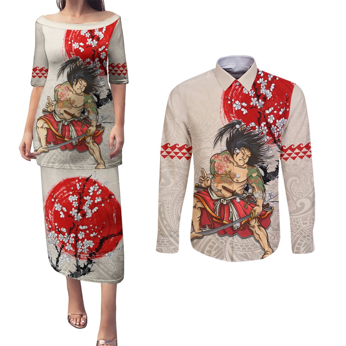 Personalised Japanese Culture Hawaii Style Couples Matching Puletasi and Long Sleeve Button Shirt Japanese Samurai with Hawaiian Pattern LT03 Beige - Polynesian Pride
