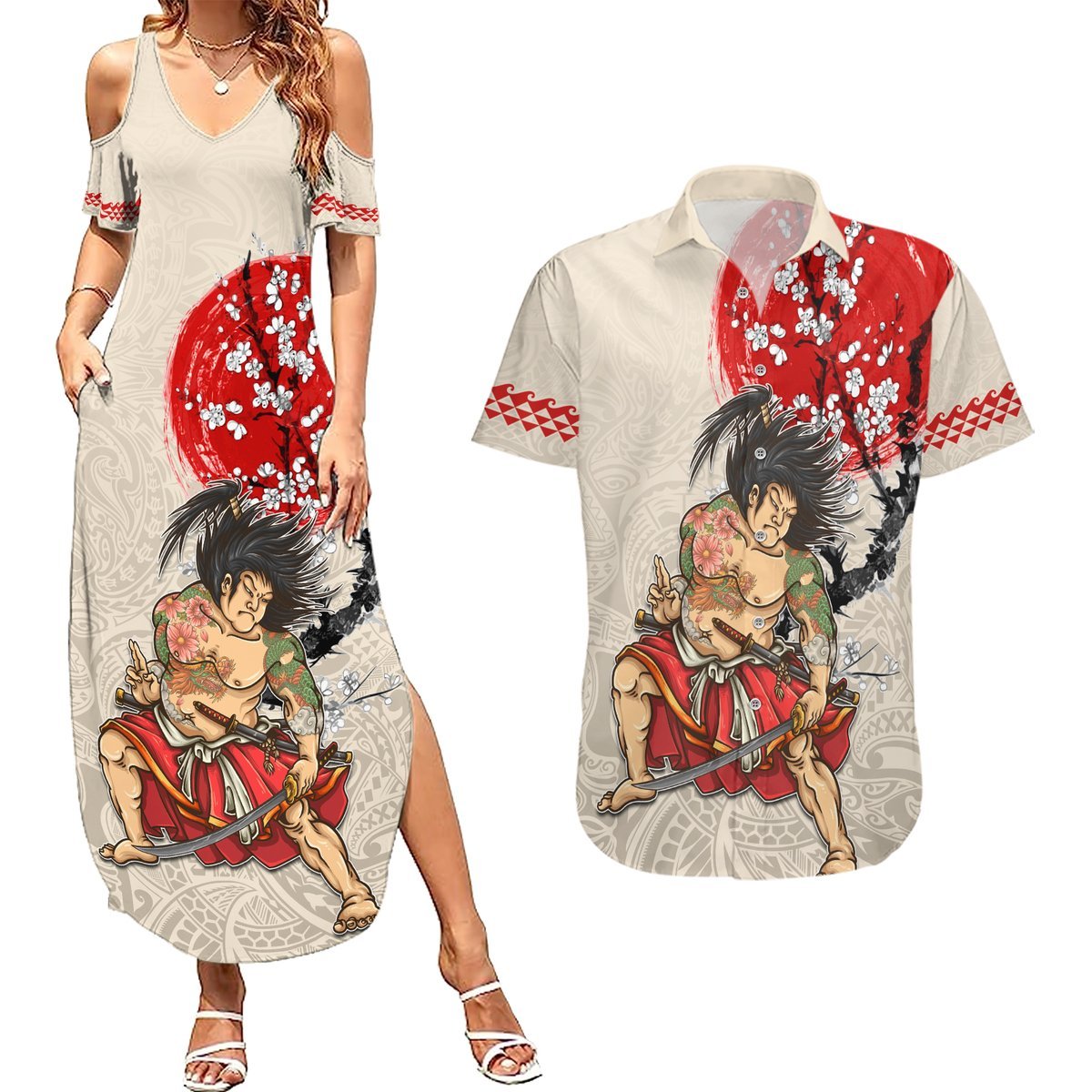 Personalised Japanese Culture Hawaii Style Couples Matching Summer Maxi Dress and Hawaiian Shirt Japanese Samurai with Hawaiian Pattern LT03 Beige - Polynesian Pride