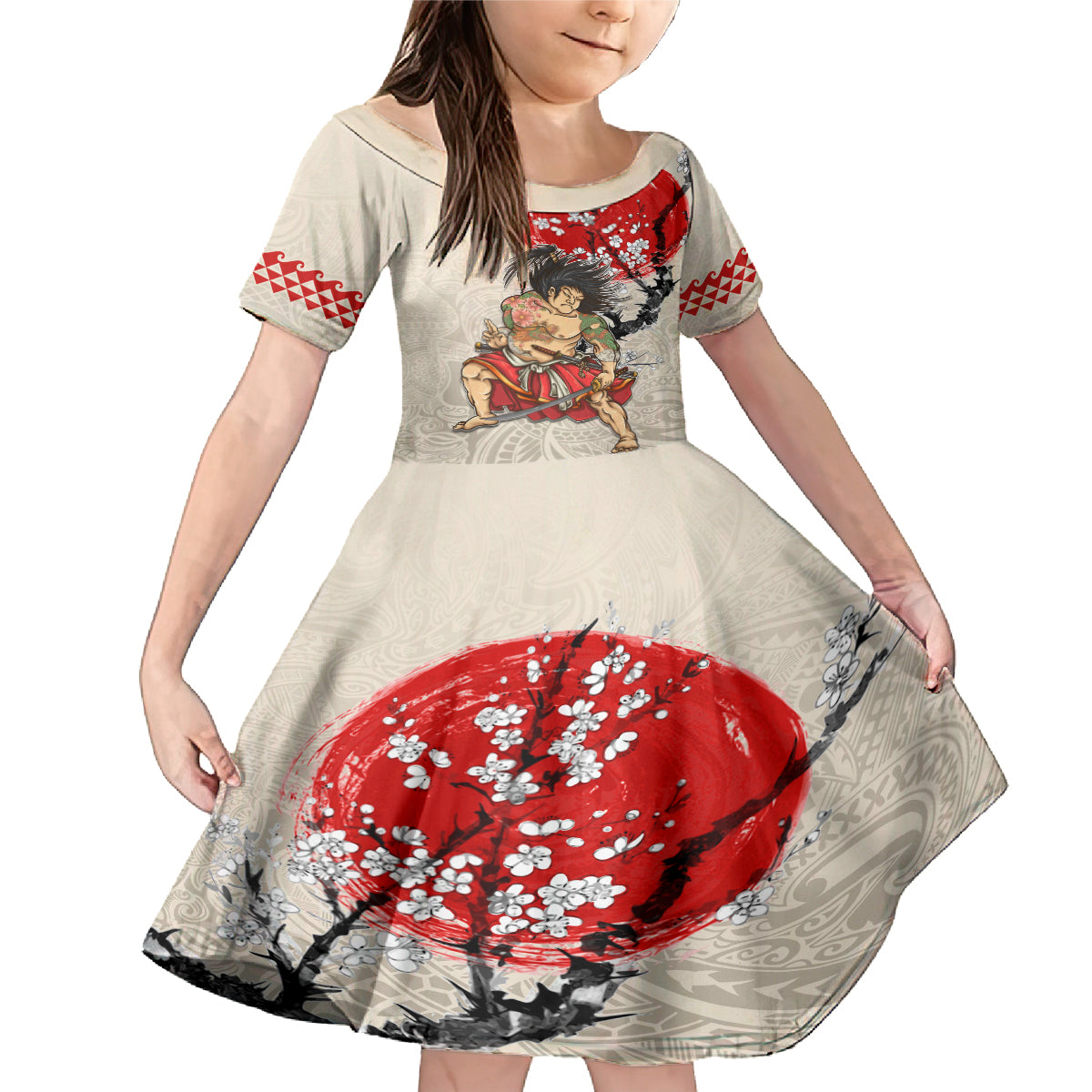 Personalised Japanese Culture Hawaii Style Family Matching Mermaid Dress and Hawaiian Shirt Japanese Samurai with Hawaiian Pattern LT03 Daughter's Dress Beige - Polynesian Pride
