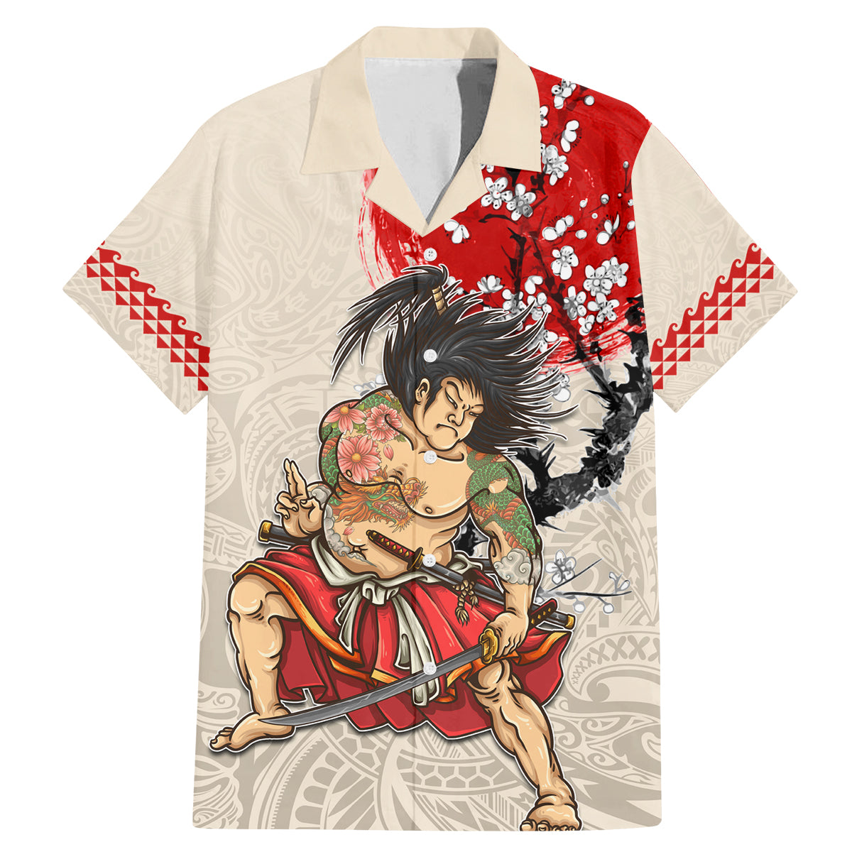 Personalised Japanese Culture Hawaii Style Family Matching Mermaid Dress and Hawaiian Shirt Japanese Samurai with Hawaiian Pattern LT03 Dad's Shirt - Short Sleeve Beige - Polynesian Pride