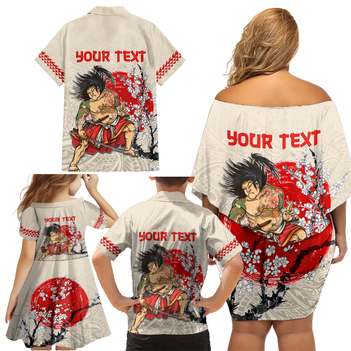 Personalised Japanese Culture Hawaii Style Family Matching Off Shoulder Short Dress and Hawaiian Shirt Japanese Samurai with Hawaiian Pattern LT03 - Polynesian Pride