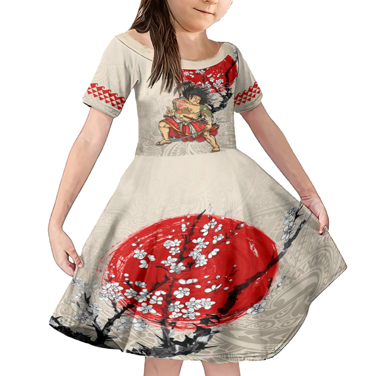 Personalised Japanese Culture Hawaii Style Family Matching Puletasi and Hawaiian Shirt Japanese Samurai with Hawaiian Pattern LT03 Daughter's Dress Beige - Polynesian Pride