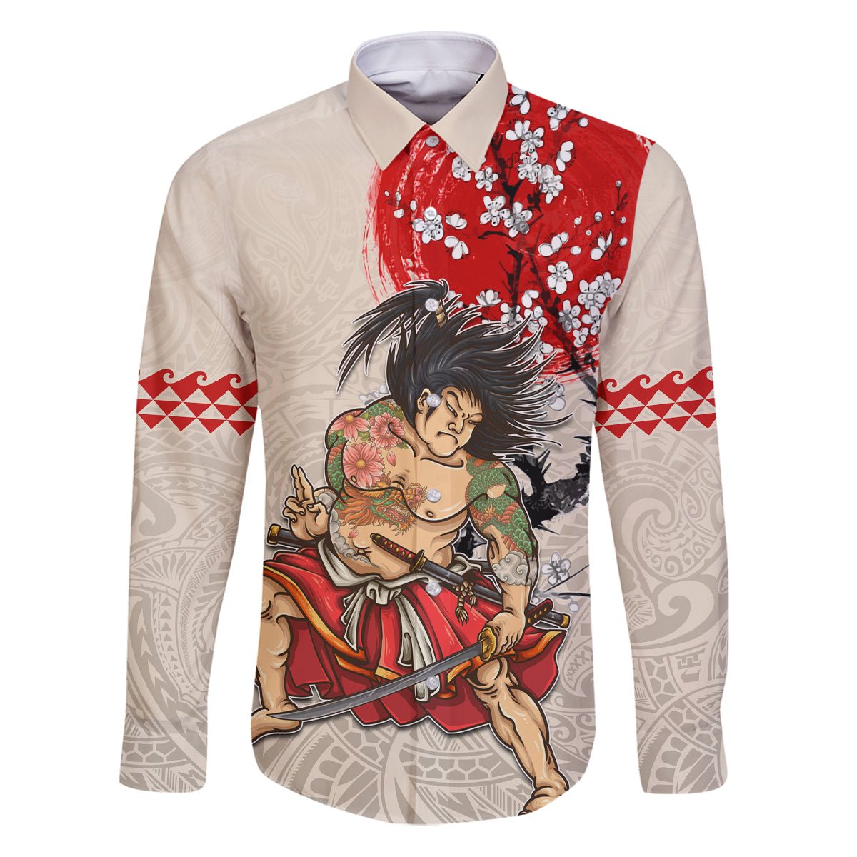 Personalised Japanese Culture Hawaii Style Family Matching Puletasi and Hawaiian Shirt Japanese Samurai with Hawaiian Pattern LT03 Dad's Shirt - Long Sleeve Beige - Polynesian Pride
