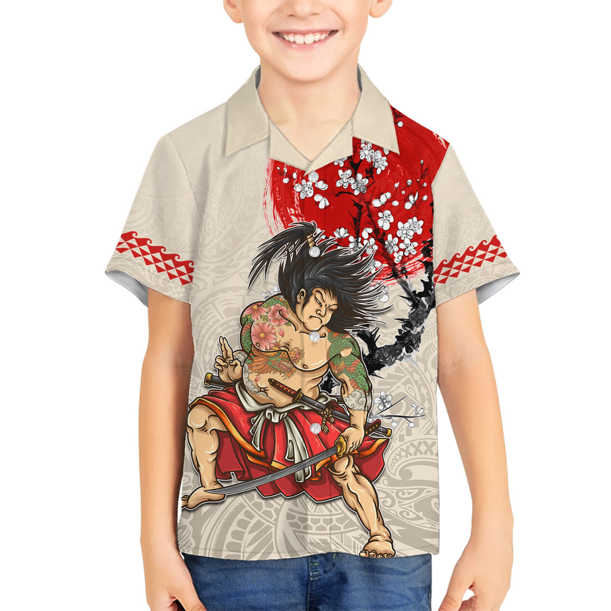 Personalised Japanese Culture Hawaii Style Family Matching Puletasi and Hawaiian Shirt Japanese Samurai with Hawaiian Pattern LT03 Son's Shirt Beige - Polynesian Pride