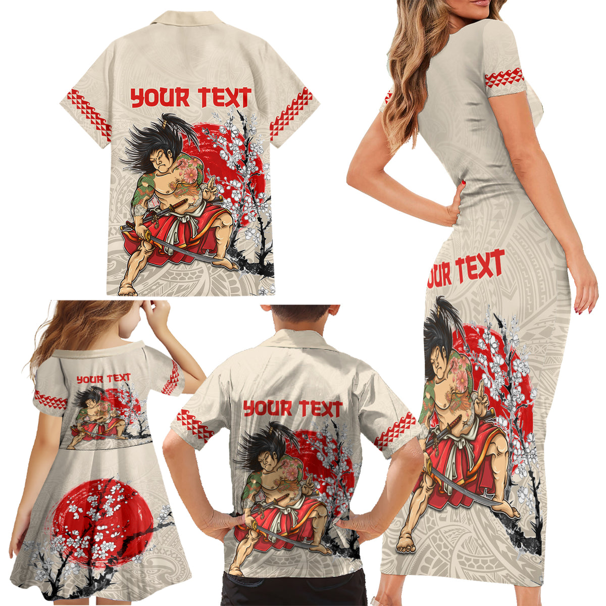 Personalised Japanese Culture Hawaii Style Family Matching Short Sleeve Bodycon Dress and Hawaiian Shirt Japanese Samurai with Hawaiian Pattern LT03 - Polynesian Pride