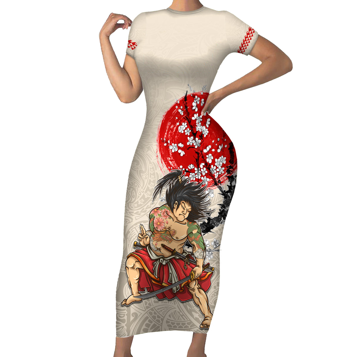 Personalised Japanese Culture Hawaii Style Family Matching Short Sleeve Bodycon Dress and Hawaiian Shirt Japanese Samurai with Hawaiian Pattern LT03 Mom's Dress Beige - Polynesian Pride