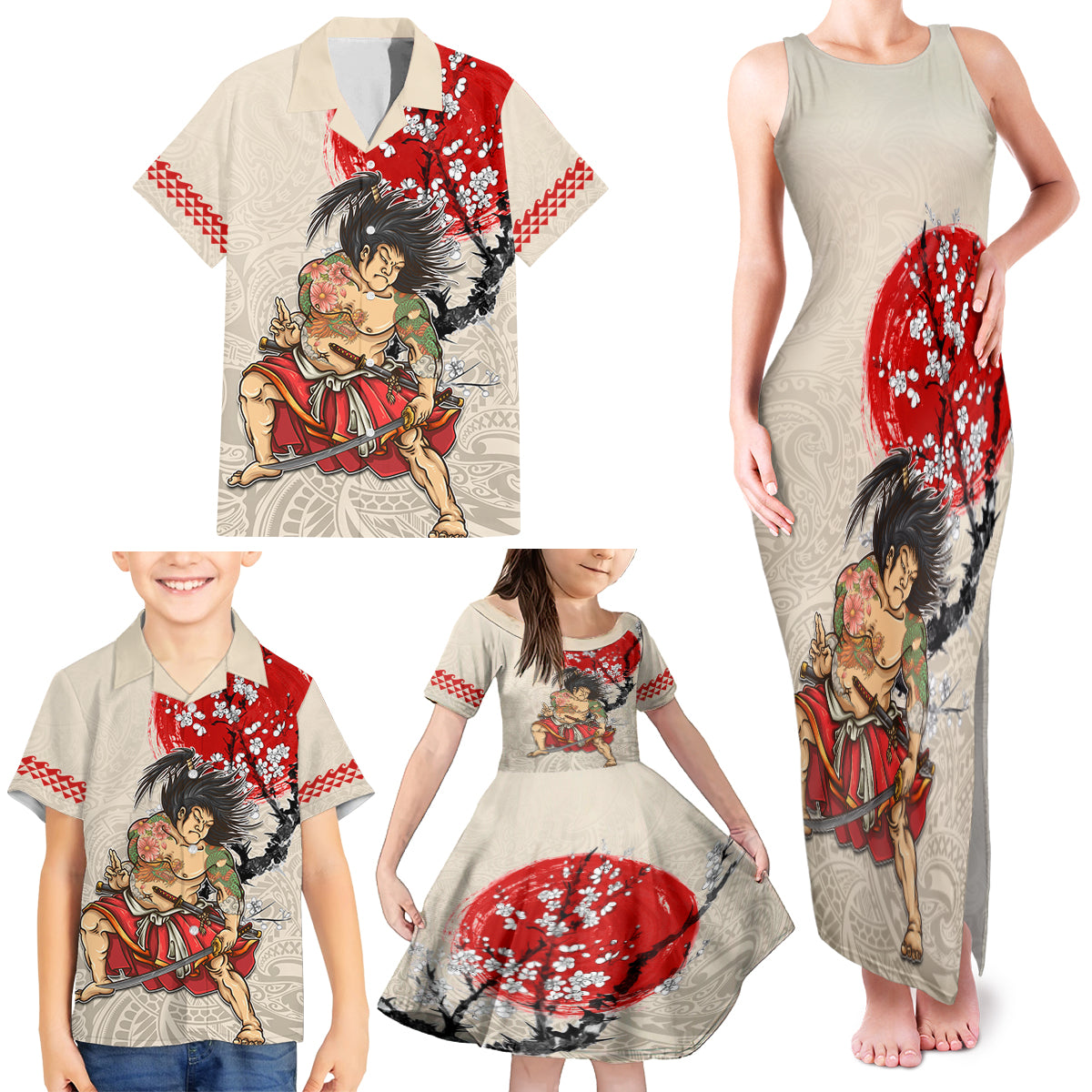 Personalised Japanese Culture Hawaii Style Family Matching Tank Maxi Dress and Hawaiian Shirt Japanese Samurai with Hawaiian Pattern LT03 - Polynesian Pride