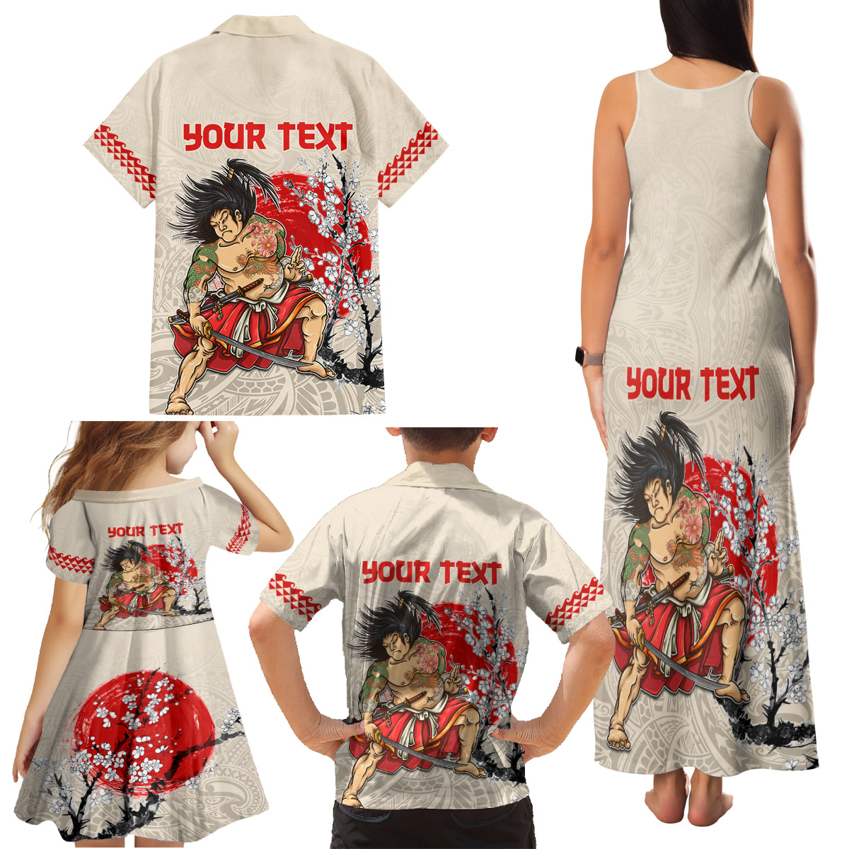 Personalised Japanese Culture Hawaii Style Family Matching Tank Maxi Dress and Hawaiian Shirt Japanese Samurai with Hawaiian Pattern LT03 - Polynesian Pride