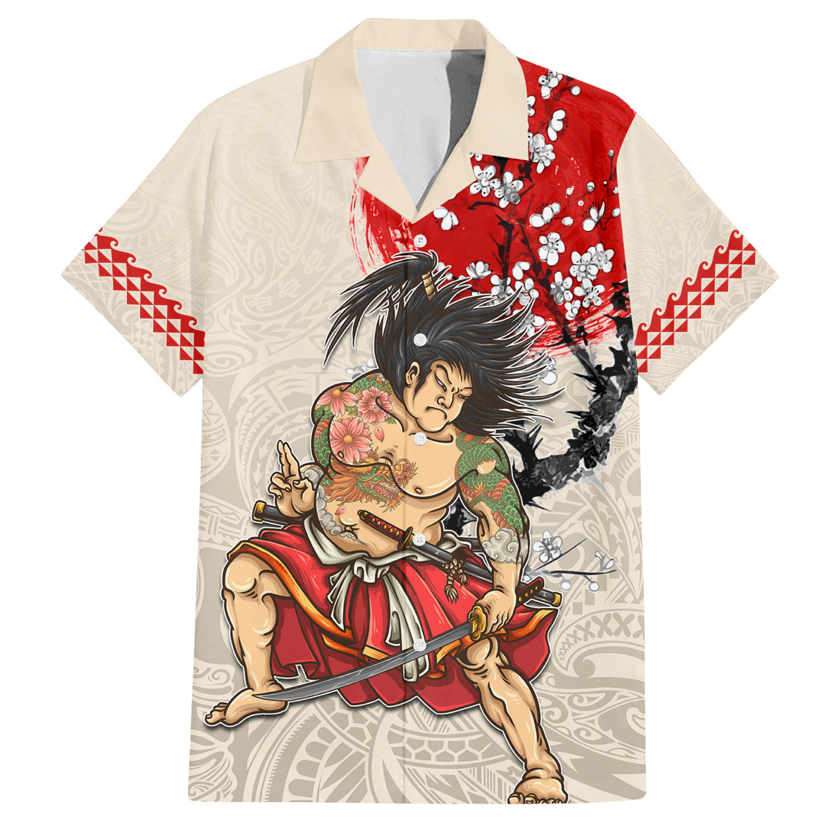 Personalised Japanese Culture Hawaii Style Family Matching Tank Maxi Dress and Hawaiian Shirt Japanese Samurai with Hawaiian Pattern LT03 Dad's Shirt - Short Sleeve Beige - Polynesian Pride