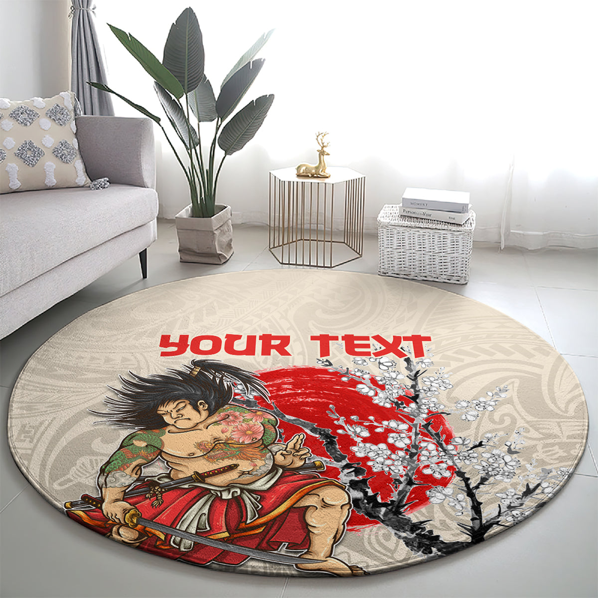 Personalised Pan-Pacific Festival Round Carpet Japanese Samurai with Hawaiian Pattern