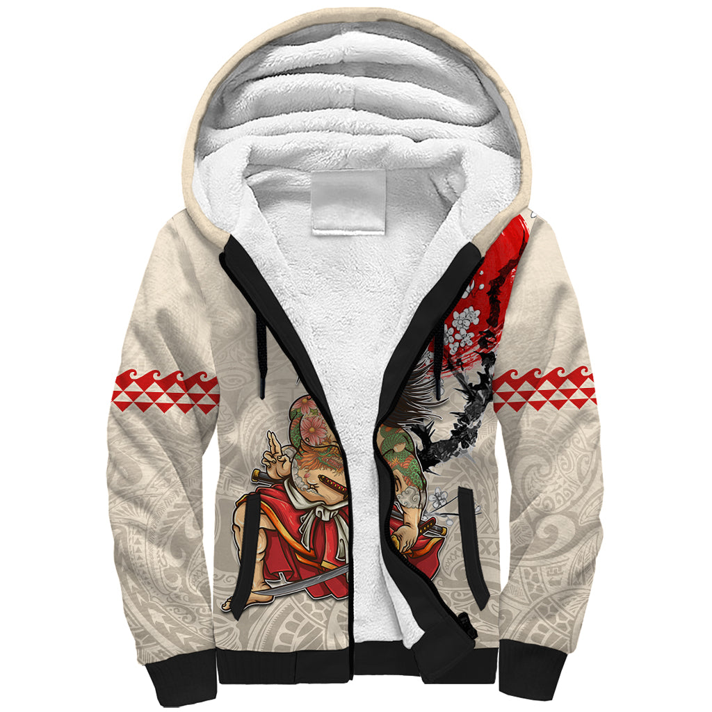 Personalised Pan-Pacific Festival Sherpa Hoodie Japanese Samurai with Hawaiian Pattern