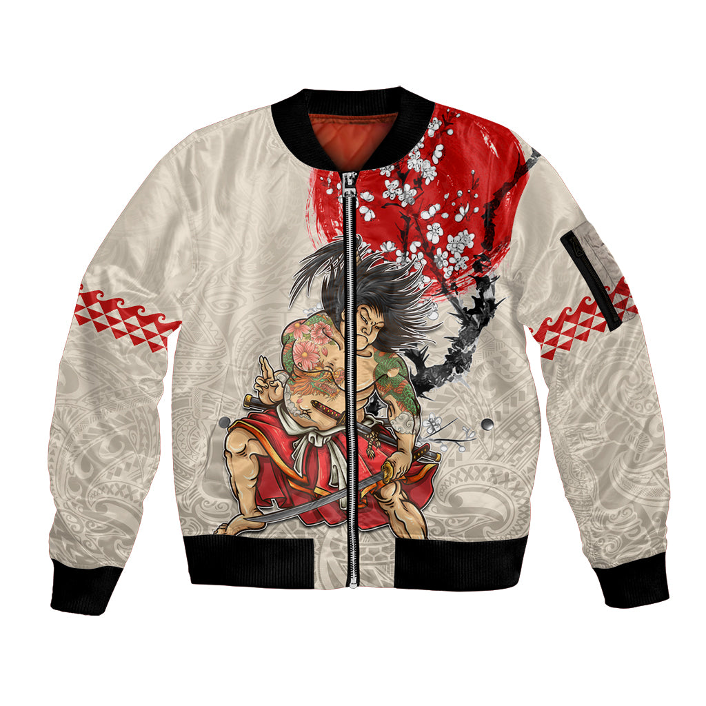 Personalised Pan-Pacific Festival Sleeve Zip Bomber Jacket Japanese Samurai with Hawaiian Pattern