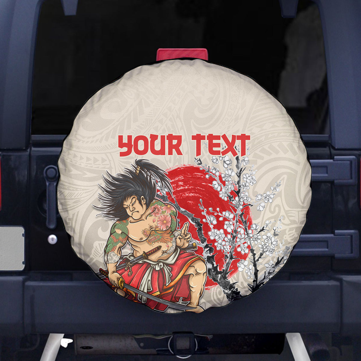Personalised Pan-Pacific Festival Spare Tire Cover Japanese Samurai with Hawaiian Pattern