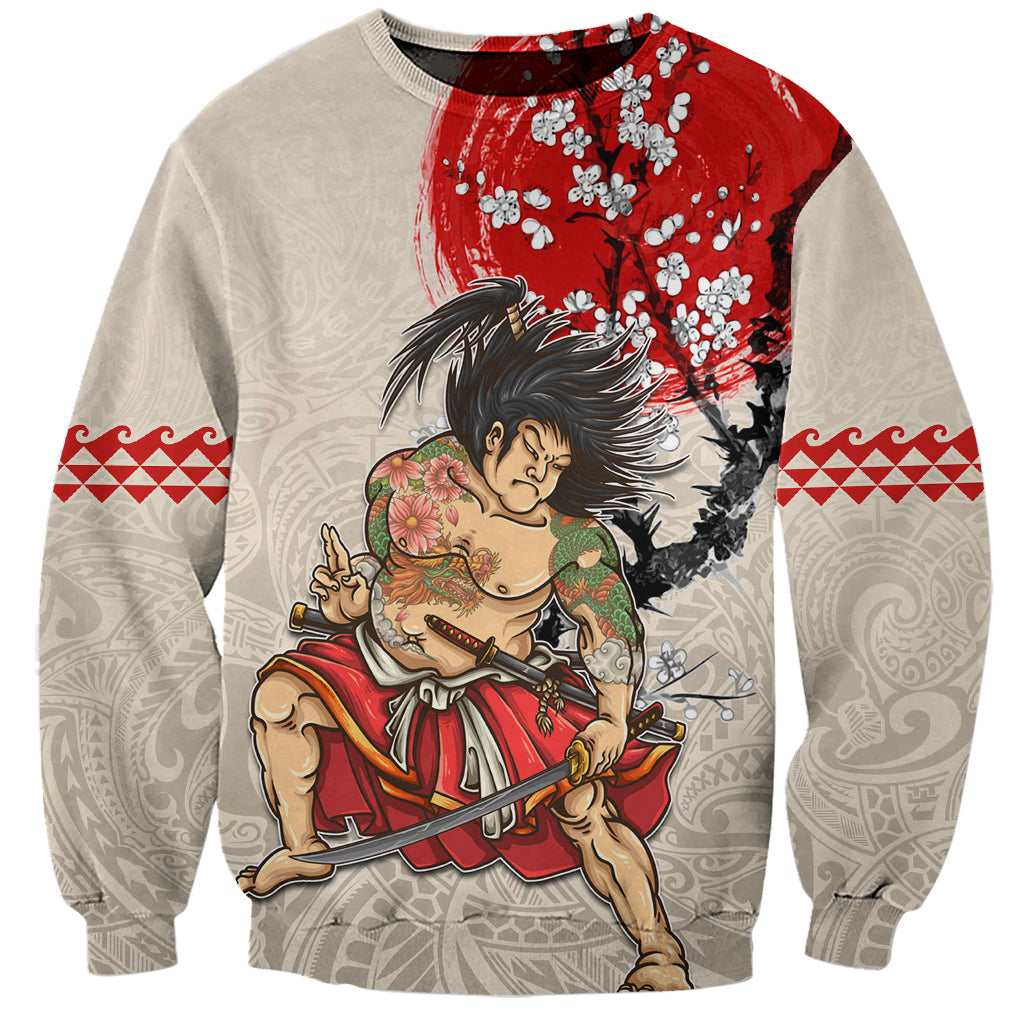 Personalised Japanese Culture Hawaii Style Sweatshirt Japanese Samurai with Hawaiian Pattern LT03 Unisex Beige - Polynesian Pride