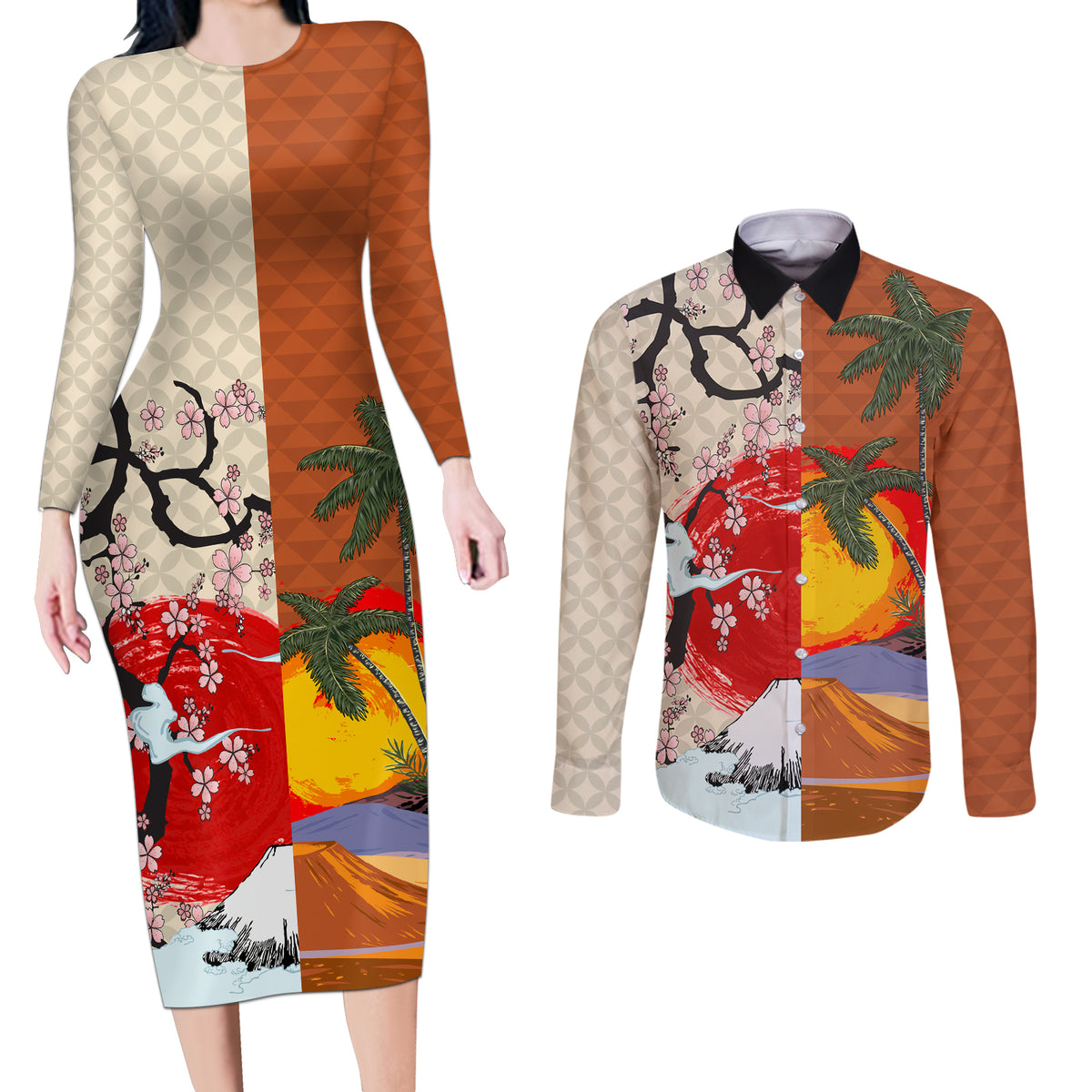 Japanese Culture Hawaii Style Couples Matching Long Sleeve Bodycon Dress and Long Sleeve Button Shirt Mauna Kea and Fuji Mountains LT03 Brown - Polynesian Pride