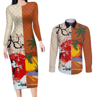 Japanese Culture Hawaii Style Couples Matching Long Sleeve Bodycon Dress and Long Sleeve Button Shirt Mauna Kea and Fuji Mountains LT03 Brown - Polynesian Pride