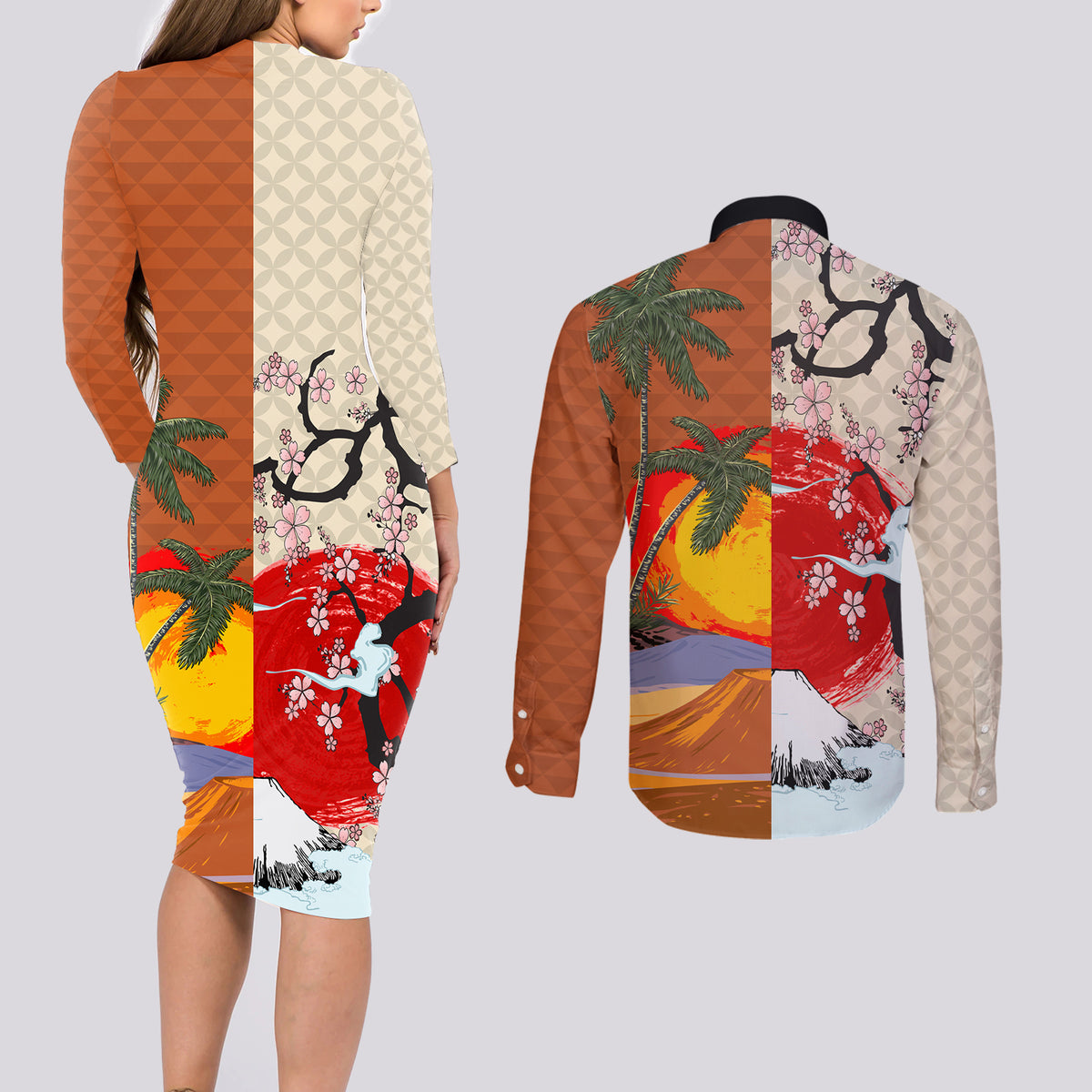 Japanese Culture Hawaii Style Couples Matching Long Sleeve Bodycon Dress and Long Sleeve Button Shirt Mauna Kea and Fuji Mountains LT03 - Polynesian Pride