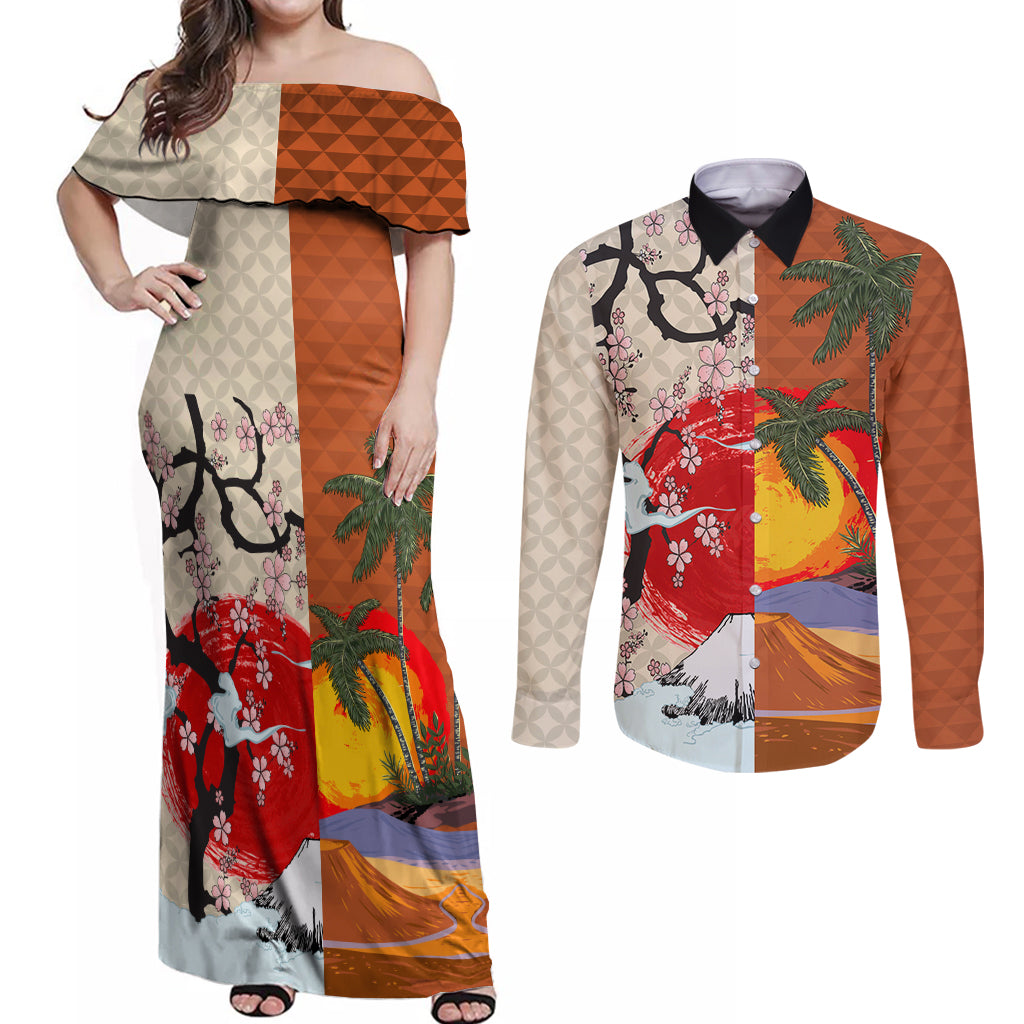 Japanese Culture Hawaii Style Couples Matching Off Shoulder Maxi Dress and Long Sleeve Button Shirt Mauna Kea and Fuji Mountains LT03 Brown - Polynesian Pride