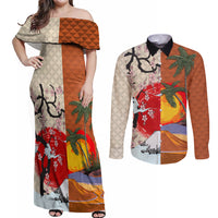 Japanese Culture Hawaii Style Couples Matching Off Shoulder Maxi Dress and Long Sleeve Button Shirt Mauna Kea and Fuji Mountains LT03 Brown - Polynesian Pride