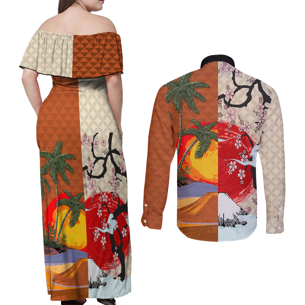 Japanese Culture Hawaii Style Couples Matching Off Shoulder Maxi Dress and Long Sleeve Button Shirt Mauna Kea and Fuji Mountains LT03 - Polynesian Pride