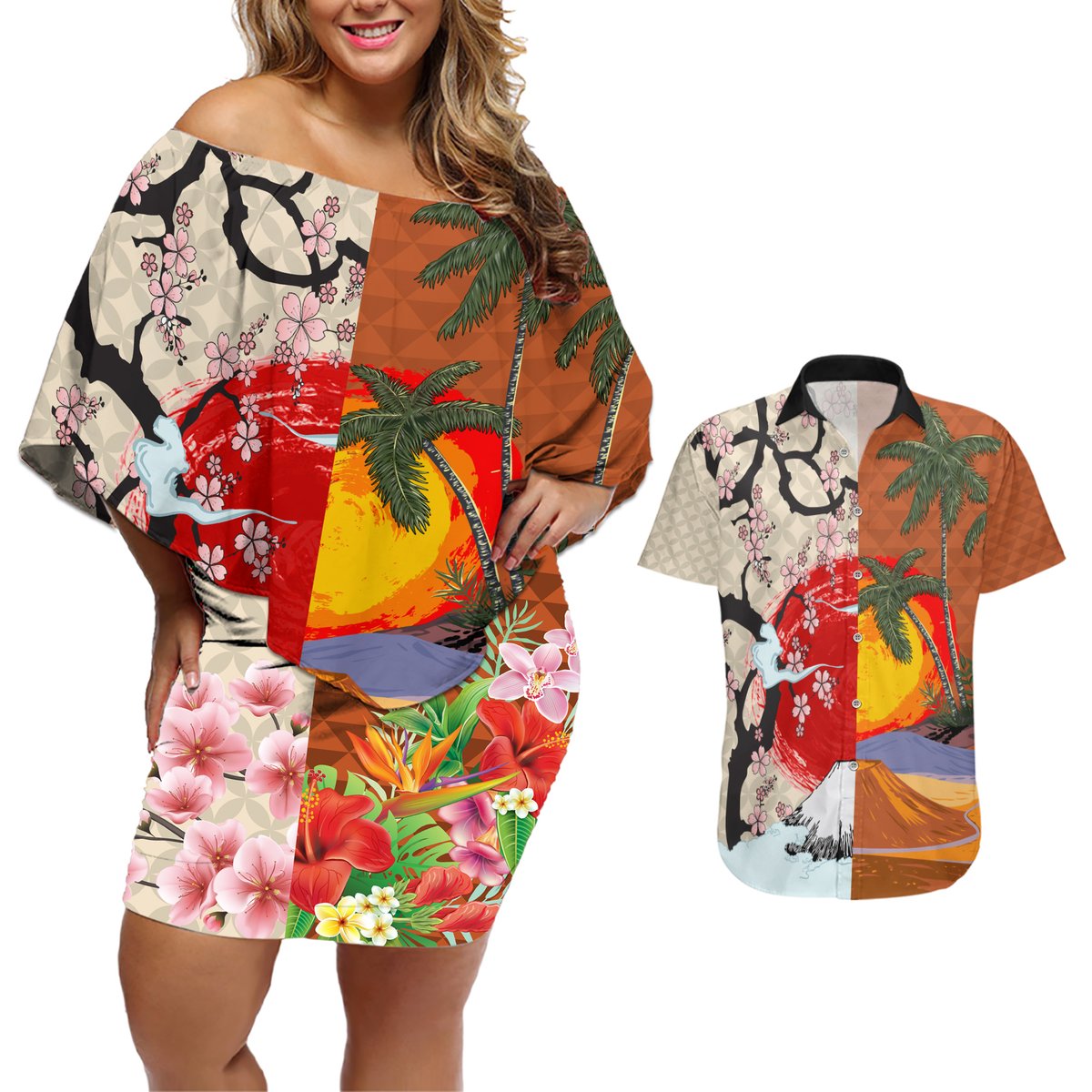 Japanese Culture Hawaii Style Couples Matching Off Shoulder Short Dress and Hawaiian Shirt Mauna Kea and Fuji Mountains LT03 Brown - Polynesian Pride