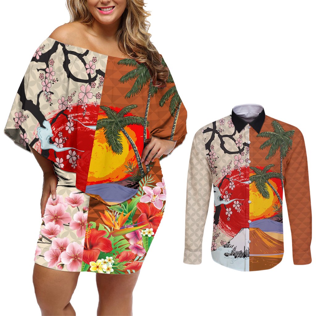 Pan-Pacific Festival Couples Matching Off Shoulder Short Dress and Long Sleeve Button Shirt Mauna Kea and Fuji Mountains