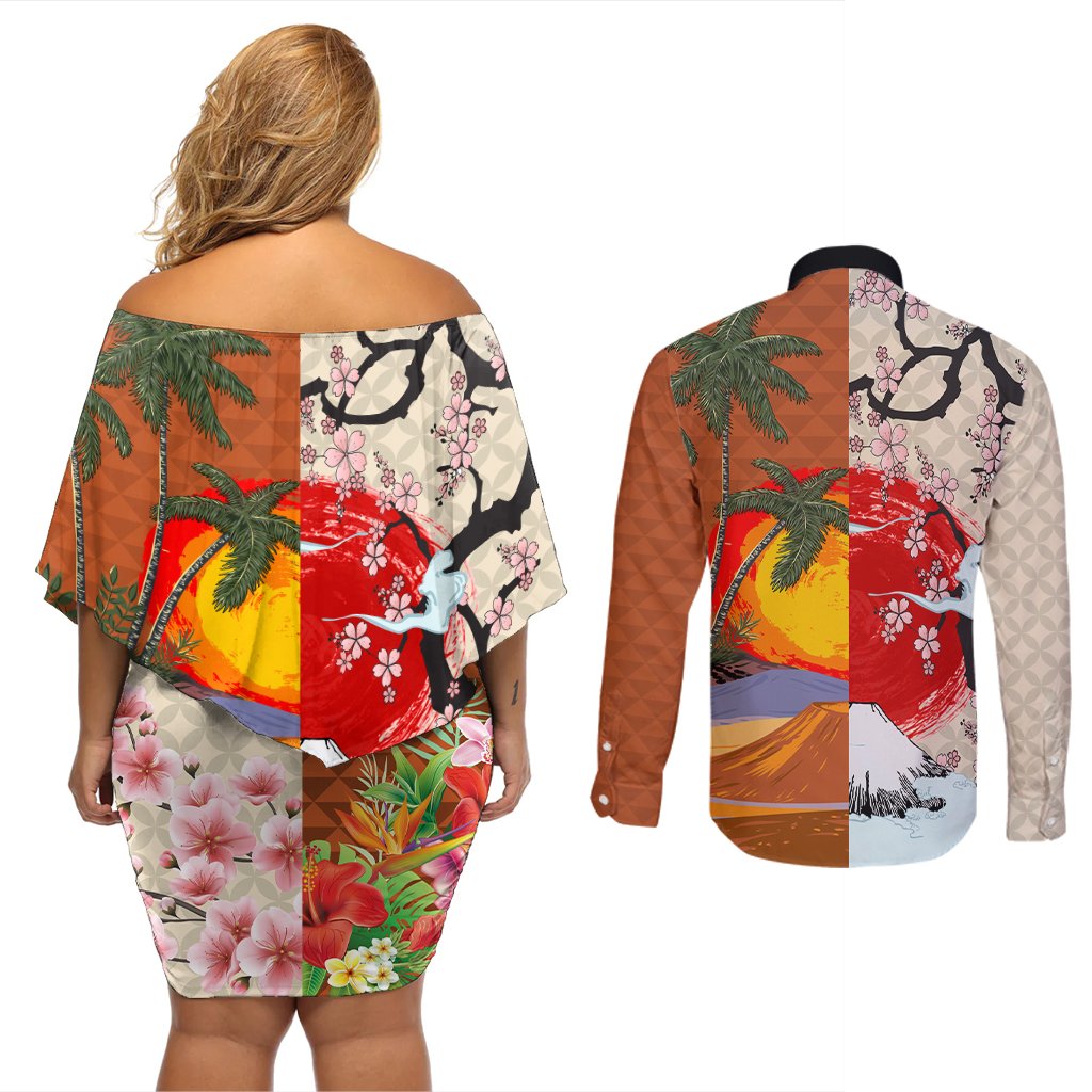 Japanese Culture Hawaii Style Couples Matching Off Shoulder Short Dress and Long Sleeve Button Shirt Mauna Kea and Fuji Mountains LT03 - Polynesian Pride