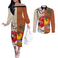 Japanese Culture Hawaii Style Couples Matching Off The Shoulder Long Sleeve Dress and Long Sleeve Button Shirt Mauna Kea and Fuji Mountains LT03 Brown - Polynesian Pride