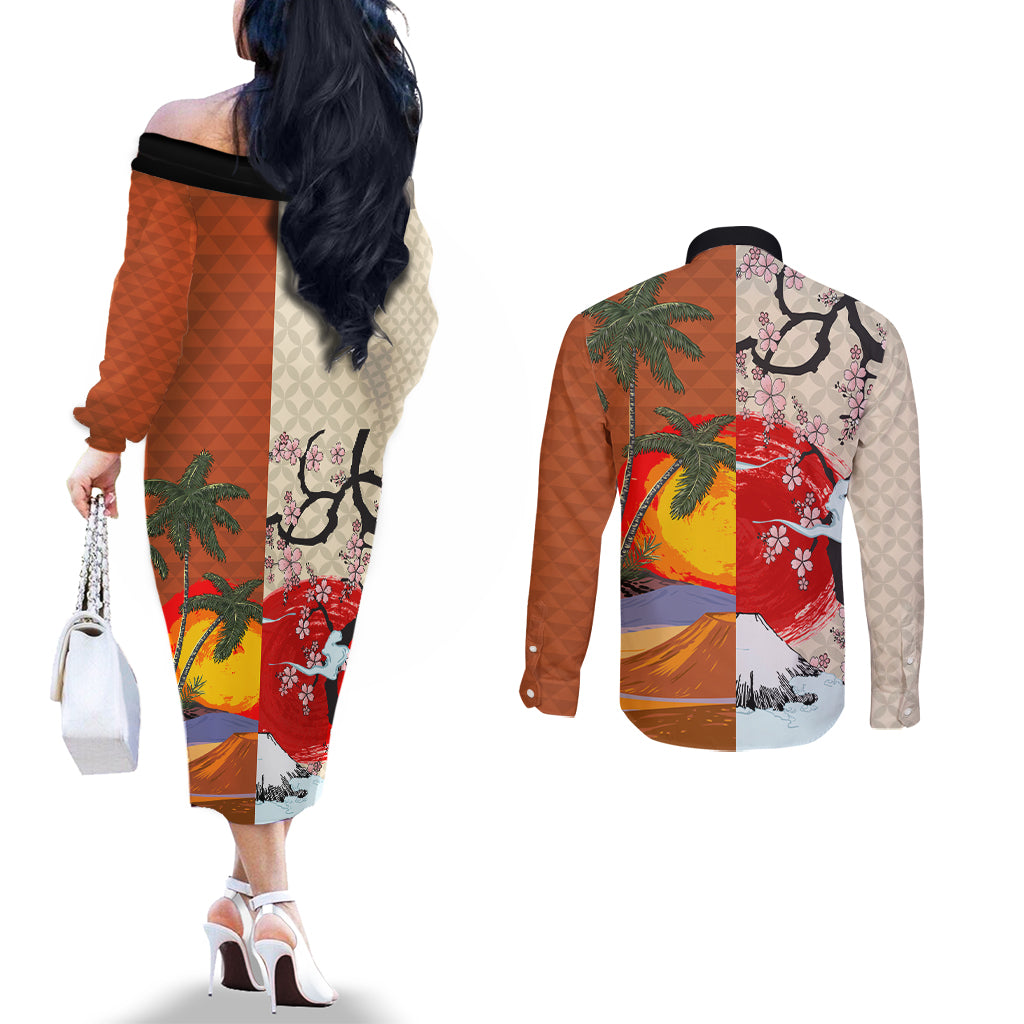 Japanese Culture Hawaii Style Couples Matching Off The Shoulder Long Sleeve Dress and Long Sleeve Button Shirt Mauna Kea and Fuji Mountains LT03 - Polynesian Pride