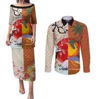 Pan-Pacific Festival Couples Matching Puletasi and Long Sleeve Button Shirt Mauna Kea and Fuji Mountains