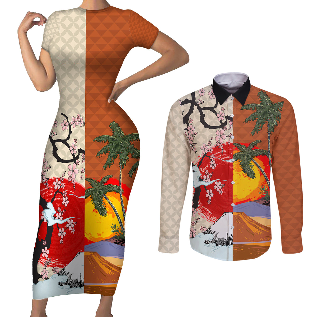 Japanese Culture Hawaii Style Couples Matching Short Sleeve Bodycon Dress and Long Sleeve Button Shirt Mauna Kea and Fuji Mountains LT03 Brown - Polynesian Pride