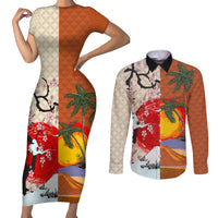 Japanese Culture Hawaii Style Couples Matching Short Sleeve Bodycon Dress and Long Sleeve Button Shirt Mauna Kea and Fuji Mountains LT03 Brown - Polynesian Pride