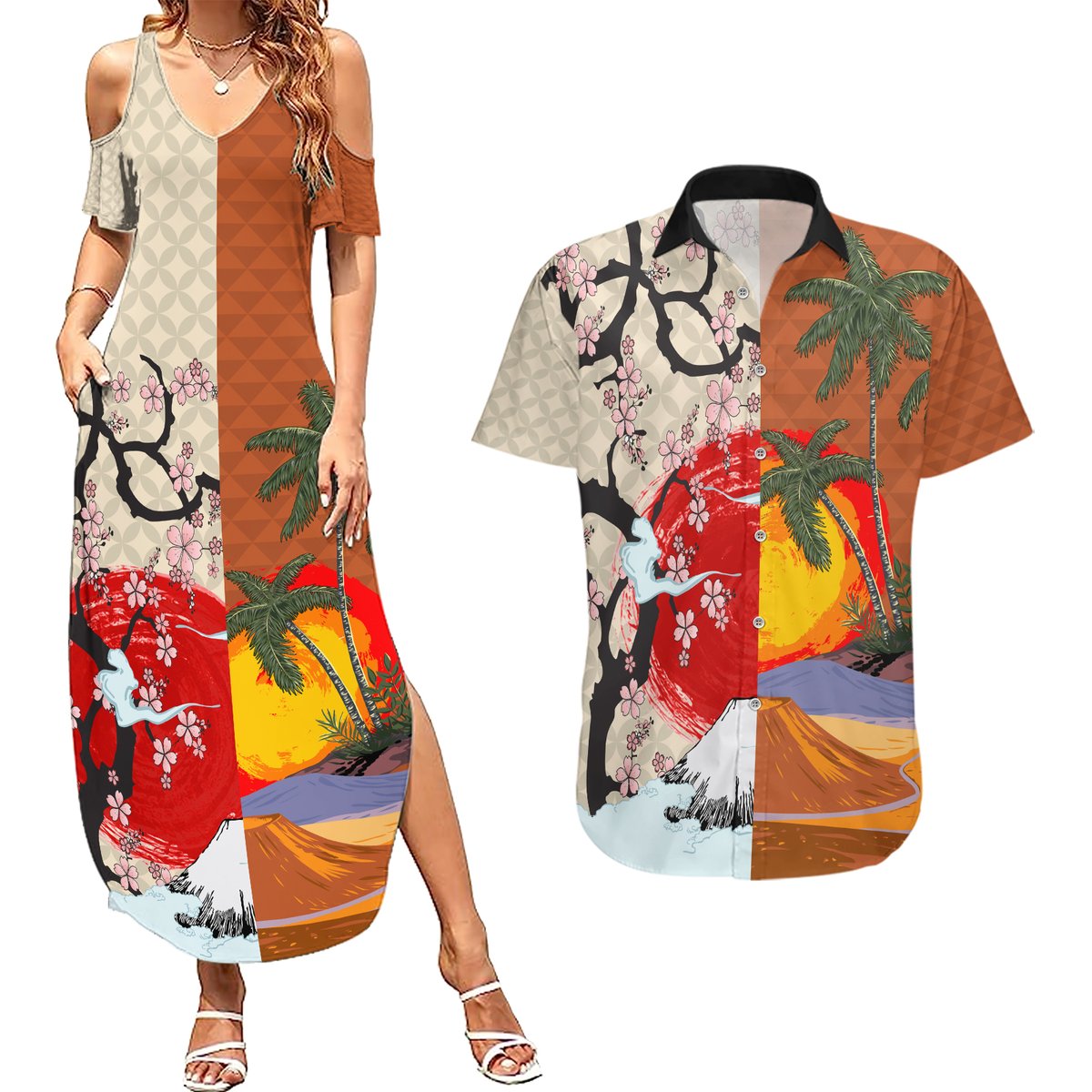 Japanese Culture Hawaii Style Couples Matching Summer Maxi Dress and Hawaiian Shirt Mauna Kea and Fuji Mountains LT03 Brown - Polynesian Pride