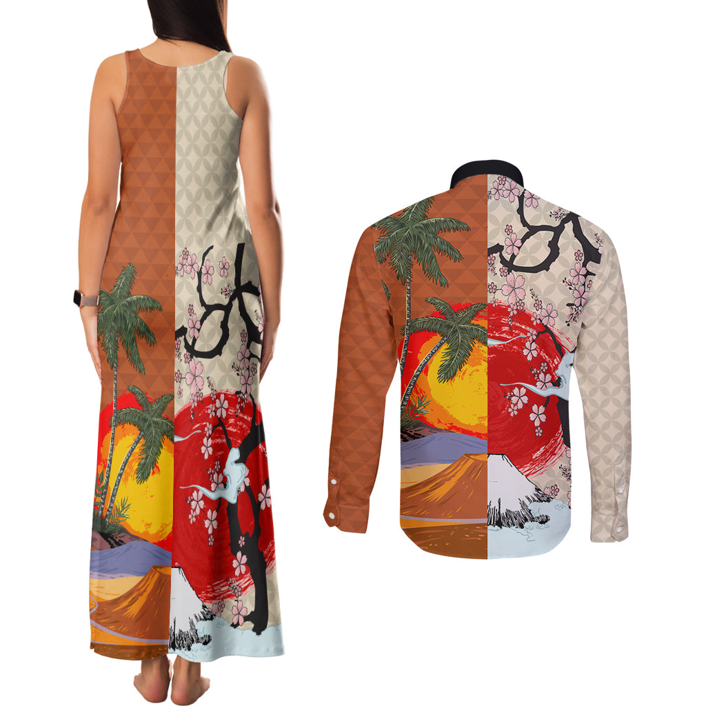 Japanese Culture Hawaii Style Couples Matching Tank Maxi Dress and Long Sleeve Button Shirt Mauna Kea and Fuji Mountains LT03 - Polynesian Pride