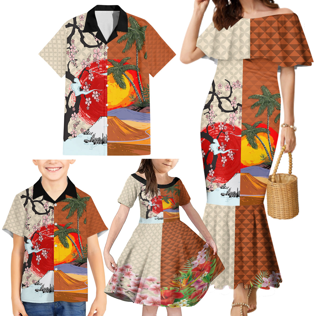 Japanese Culture Hawaii Style Family Matching Mermaid Dress and Hawaiian Shirt Mauna Kea and Fuji Mountains LT03 - Polynesian Pride