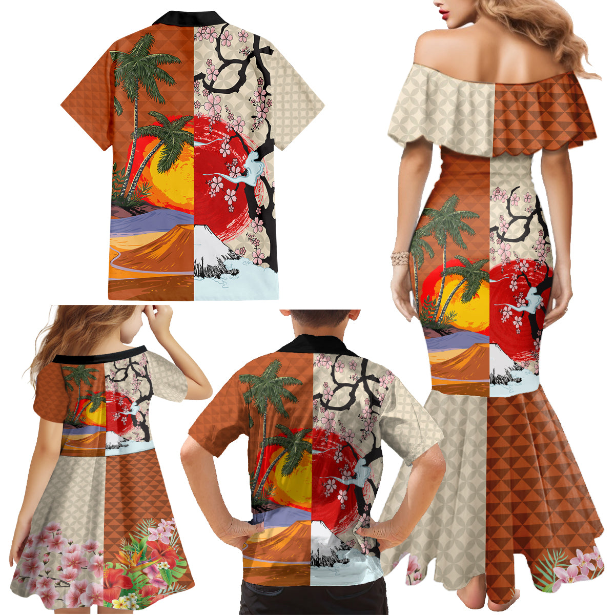 Japanese Culture Hawaii Style Family Matching Mermaid Dress and Hawaiian Shirt Mauna Kea and Fuji Mountains LT03 - Polynesian Pride