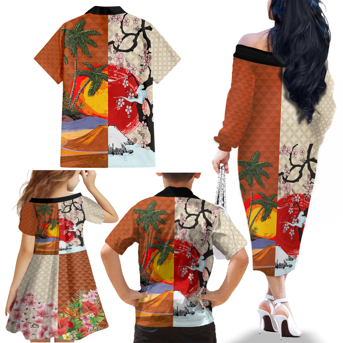 Pan-Pacific Festival Family Matching Off The Shoulder Long Sleeve Dress and Hawaiian Shirt Mauna Kea and Fuji Mountains
