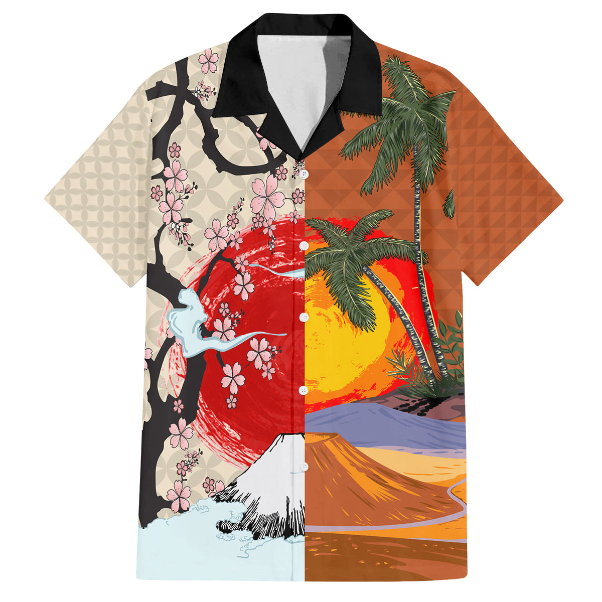 Japanese Culture Hawaii Style Family Matching Tank Maxi Dress and Hawaiian Shirt Mauna Kea and Fuji Mountains LT03 Dad's Shirt - Short Sleeve Brown - Polynesian Pride