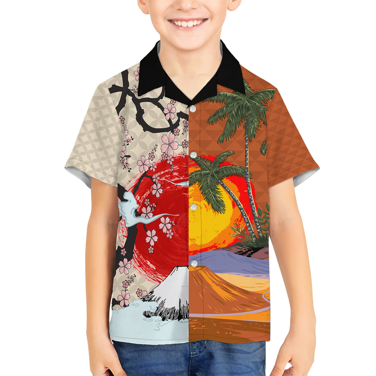 Japanese Culture Hawaii Style Family Matching Tank Maxi Dress and Hawaiian Shirt Mauna Kea and Fuji Mountains LT03 Son's Shirt Brown - Polynesian Pride