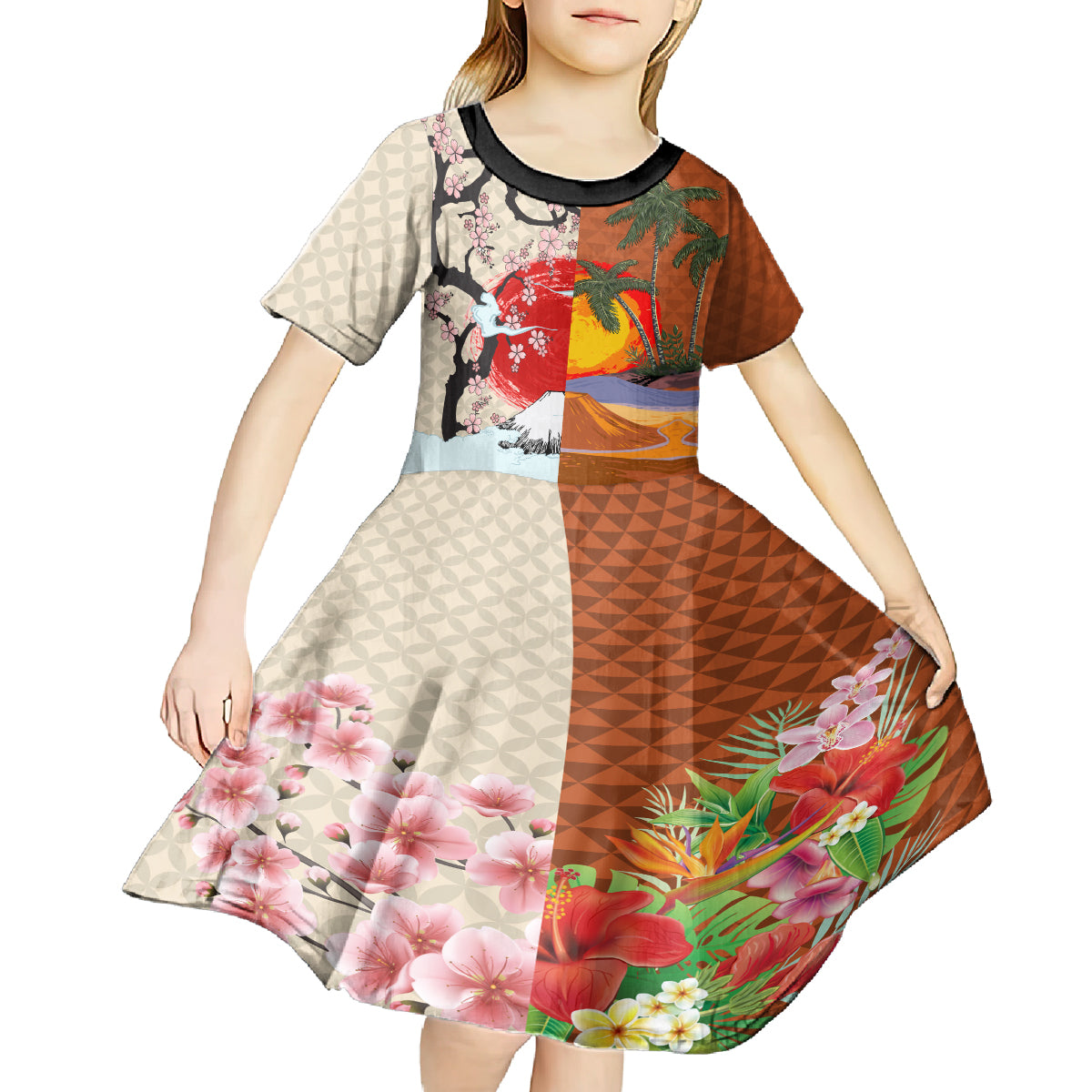 Pan-Pacific Festival Kid Short Sleeve Dress Mauna Kea and Fuji Mountains