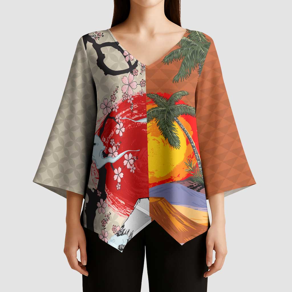 Japanese Culture Hawaii Style Kimono Sleeve Blouse Mauna Kea and Fuji Mountains - Polynesian Pride