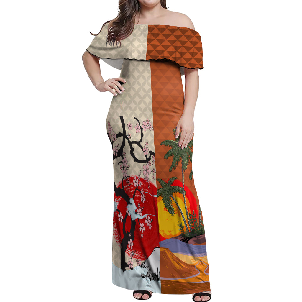 Pan-Pacific Festival Off Shoulder Maxi Dress Mauna Kea and Fuji Mountains